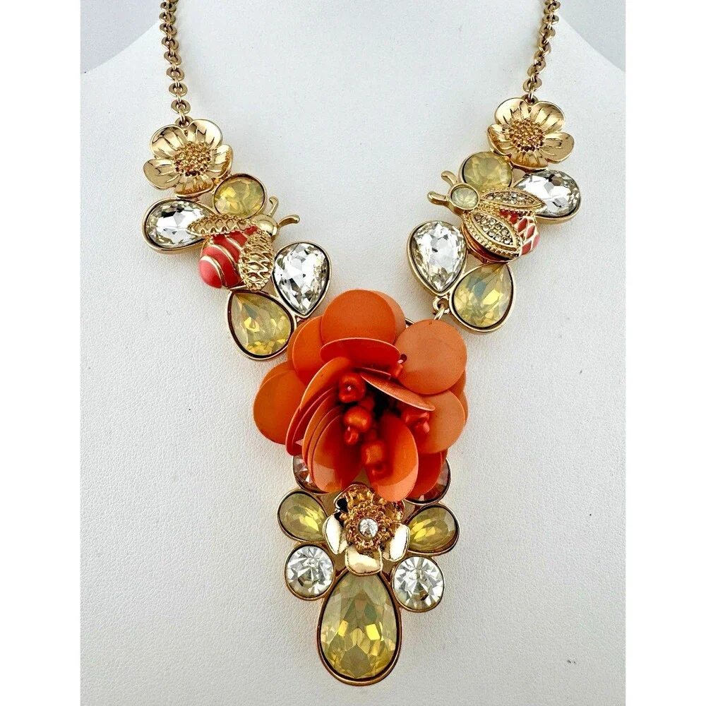 GUESS Statement Necklace Y2K Bee Orange Flower Rhinestone Gold Tone Floral